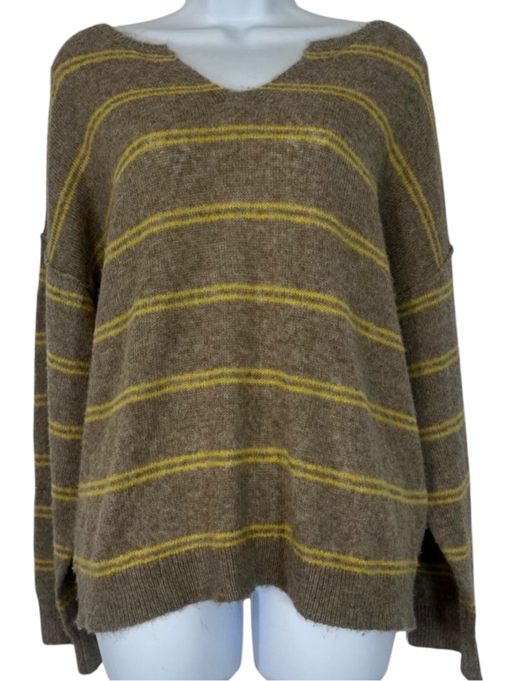 American Eagle Brown Yellow Striped V-Neck Sweater SzM Cabincore